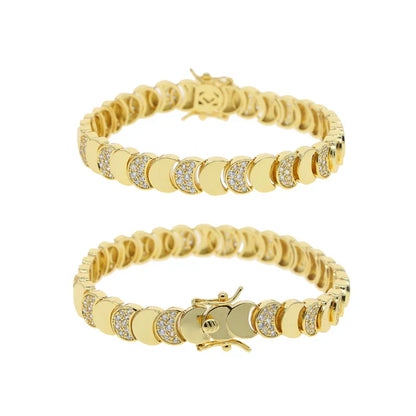 Gold Color Fashion Women Jewelry Set Geometric Shiny Plain Paved 5A CZ Moon Shaped Chain Choker Necklace Bracelet