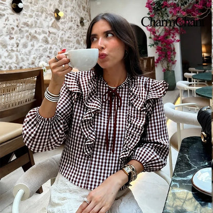 Women's Cotton Gingham Cropped Ruffle Tie Neck Blouse Spring Autumn 2026 Chic Modern Long Sleeve Shirt Tops for Woman