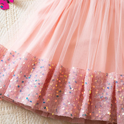 Girl Party Princess Dress Summer Sequin Tulle Dress Elegant Party Red/Pink/White Dresses 3-7Y for Wedding Birthday Holiday Gift