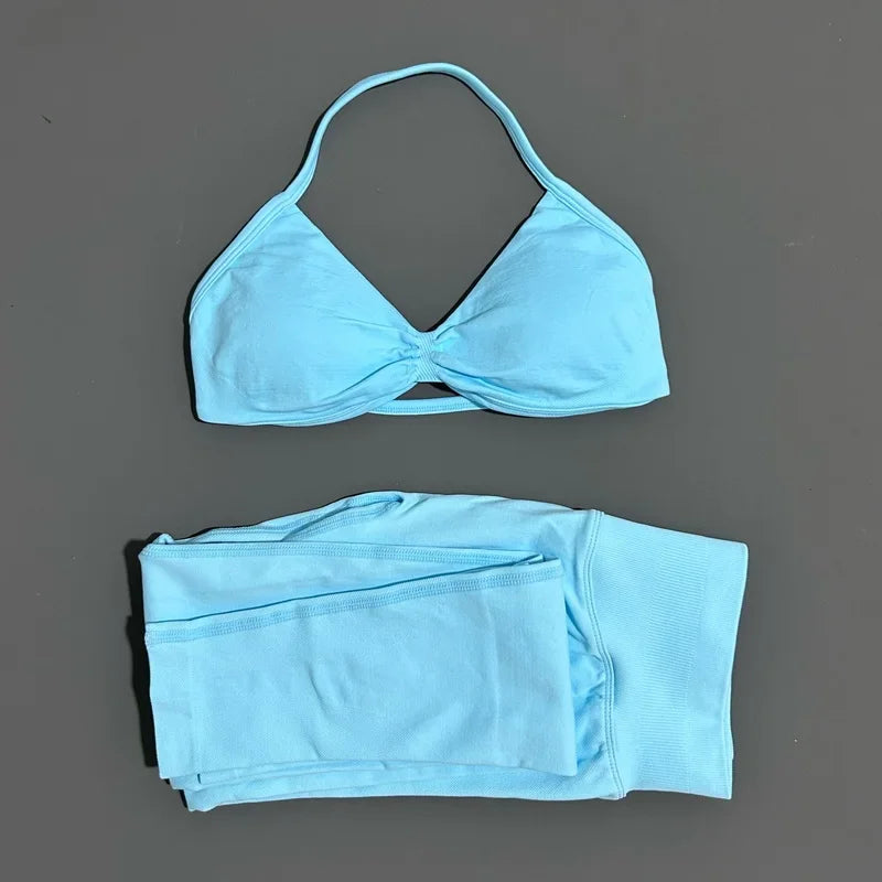 2 Piece Sports Set Women Yoga Backless Halter Bra High Waist Scrunch Seamless Pants Sport Suit Gym Sportswear Workout Set