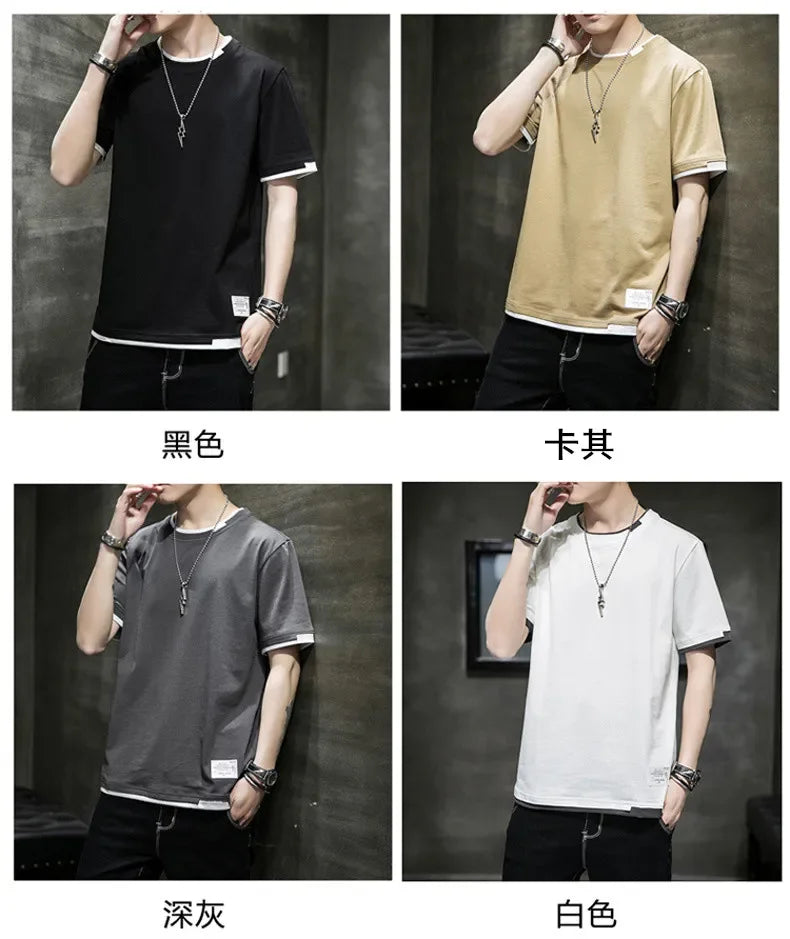 Classic Fake Two Short Sleeved Men's Pure Cotton T-shirt, Men's Summer Men's Interior Matching Trendy Brand T-shirt