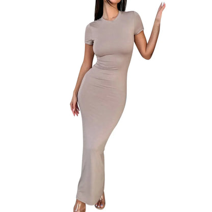 Skinny Women's Bodycon Party Dress Fashion O-neck Short Sleeve Solid Color Wraped Hip Package Long Dress Female Sexy Dress