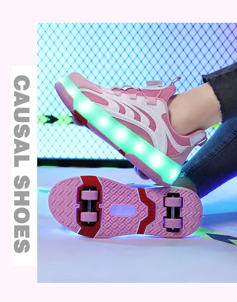 New Kids Wheels Roller Skate Shoes Boys Girls Swivel Buckle LED Light Luminous rechargeable Outdoor Children's Casual Sneakers