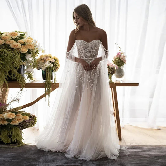 Sparkling Bohemian Wedding Dresses Off The Shoulder Beaded With Pearls Appliques Wedding Gown Boho Bridal Dresses Customized