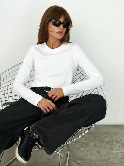 Women's Spring Autumn 100% Cotton T-shirt Bottoming Basic Solid Lady Long Sleeve Loose Tops Shirts Oversized T Shirt