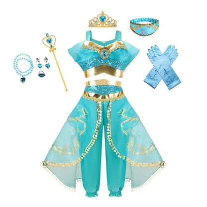 Jasmine Princess Dress for Girls Cosplay Aladdin Magic Lamp Costume Kids Halloween Birthday Carnival Party Vestidos
