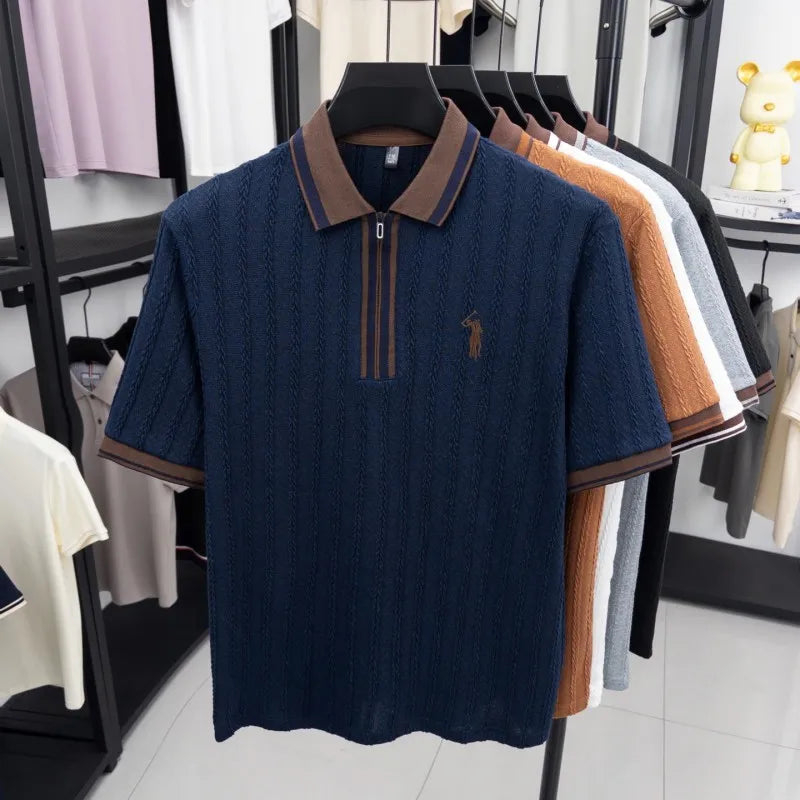 Luxury brand knitted short sleeve polo shirt Paul Pony embroidered stripe design men's T-shirt summer fashion Korean casual top