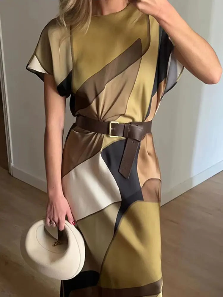 Summer Women Dress Fashion Vintage Print O-Neck Midi Dress Waist Cinched Casual Chic Woman Elegant Dresses
