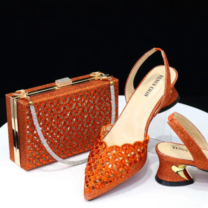 Low Heel Shoes for Women Hollowed Out Embroidery Rhinestone Italian Design Gold Color Pointed-Toe Shoes and Bags Set