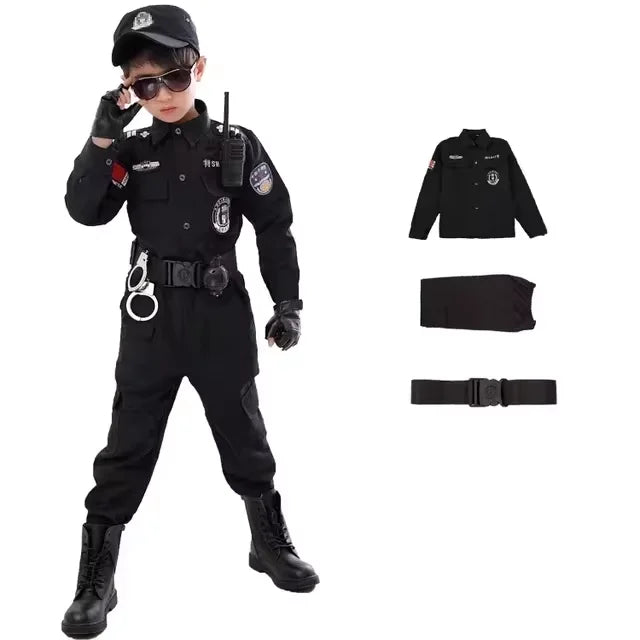 Children Halloween Policeman Cosplay Costumes Kids Carnival Police Uniform 110-160cm Boys Army Policemen Soldier 7 Pcs/Sets