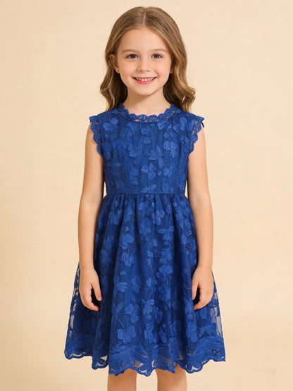 Summer Girl's Trendy Sleeveless Flower Embroidery Princess Dress Party Gown Lace Tulle Skirt Dress