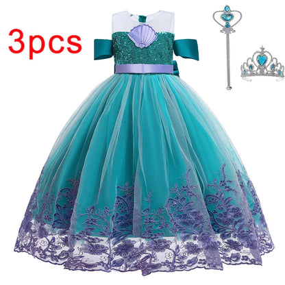 Little Mermaid Ariel Princess Costumes Young Girls Purple Dress Kids Cosplay Carnival Gown Birthday Tutu Dresses Summer New Wear