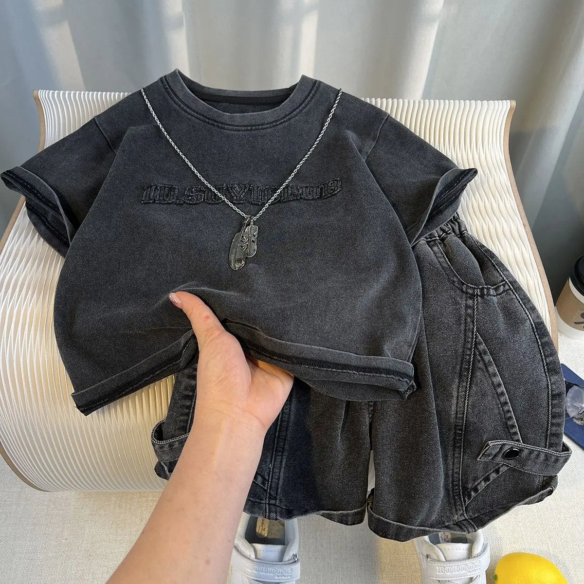 Set Kid Boy 2025 Summer New Style Cotton Letter Embroidered T-shirt Black Jeans Fashion Streetwear Daily Sporty Korean