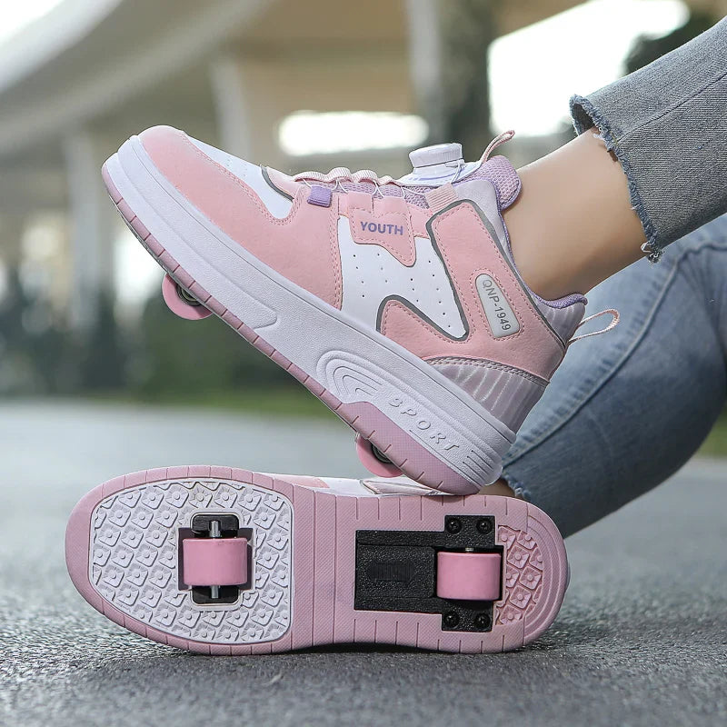 Children's walking shoes 2024 new double wheel invisible roller skates young primary school children big child swivel buckle