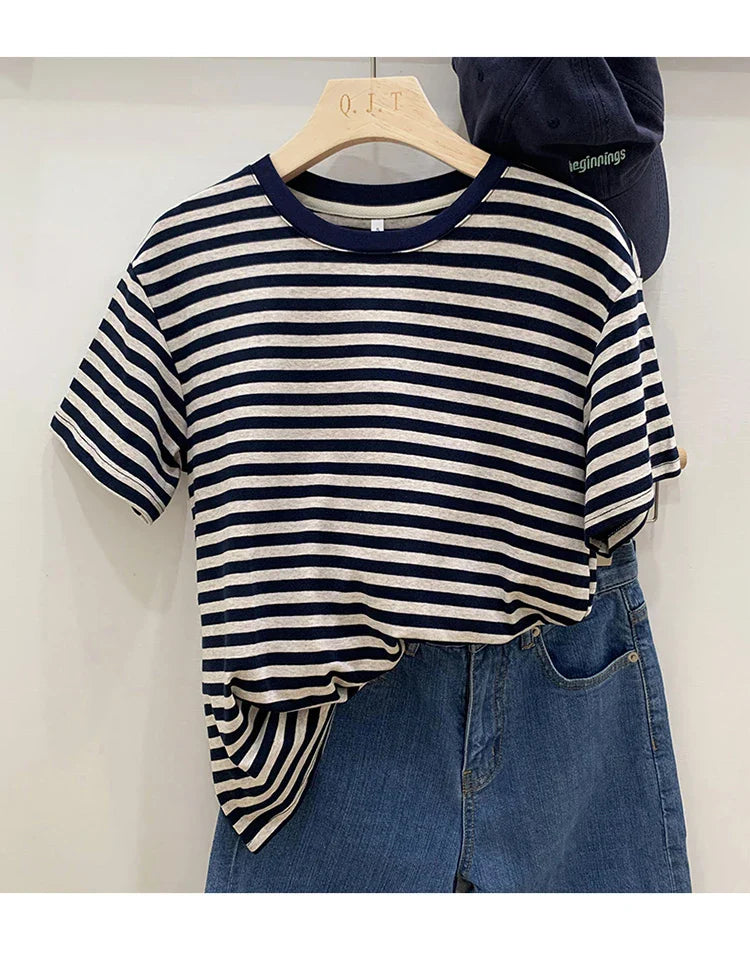 Summer Short Sleeve Striped T-Shirts Versatile Women Knitted Basic Casual Tops Female Cozy Loose Cotton Tees 2023 Harajuku Shirt