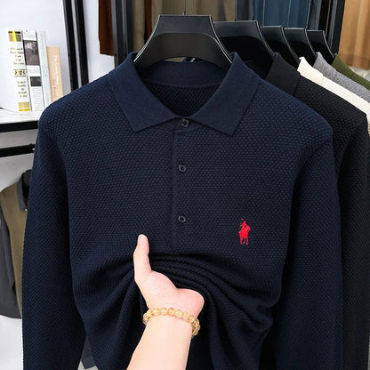 High-end Quality Men's Casual Outdoor Pineapple Pattern Knitted Long-sleeve Polo Shirt (eco-cotton, No Shrinkage No Deformation)