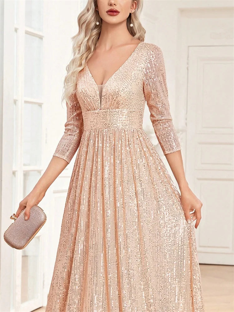 Luxury V Neck Long Sleeves Blue Sequins Formal Evening Dress Women 2024 Wedding Party Prom Maxi Cocktail Dress Gowns