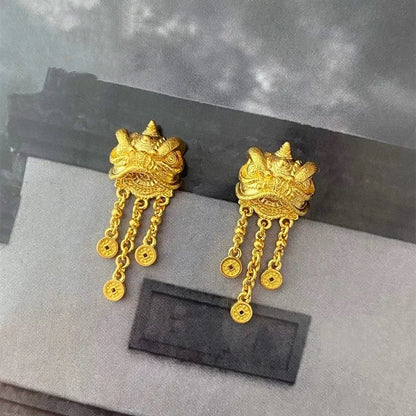 Women's 24K Gold (AU999) Lion Dance Tassel Earrings | Openwork lion pattern, micro-diamond glow with magnetic closure