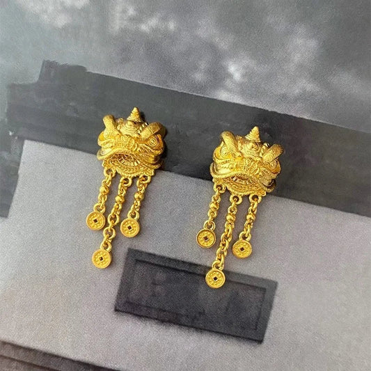 Women's 24K Gold (AU999) Lion Dance Tassel Earrings | Openwork lion pattern, micro-diamond glow with magnetic closure