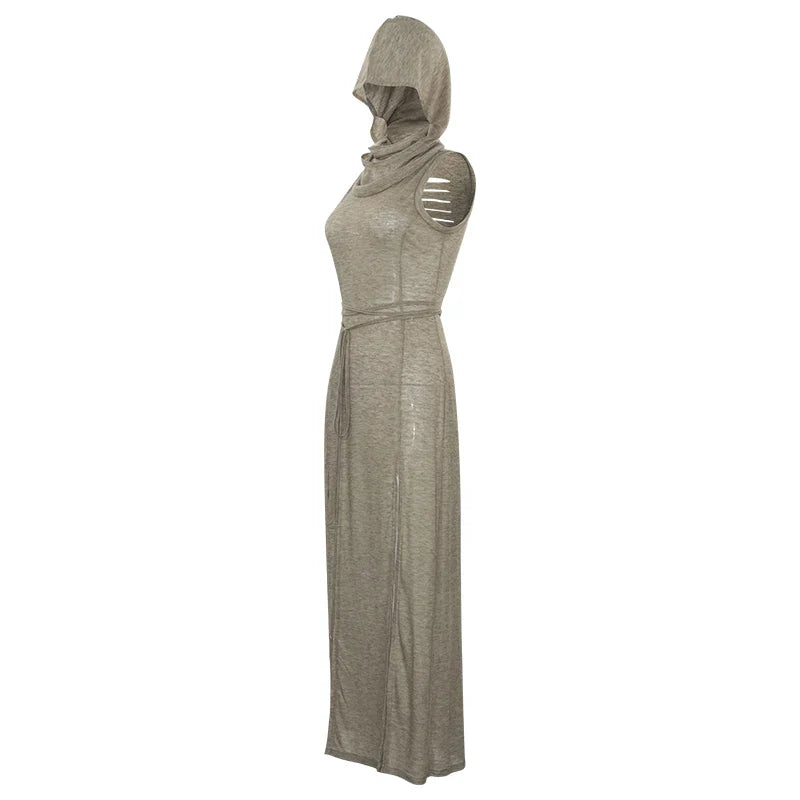 European And American Style Sleeveless Hooded Dress Long Split Hollow out Pure Color Women's Gown