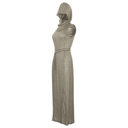 European And American Style Sleeveless Hooded Dress Long Split Hollow out Pure Color Women's Gown