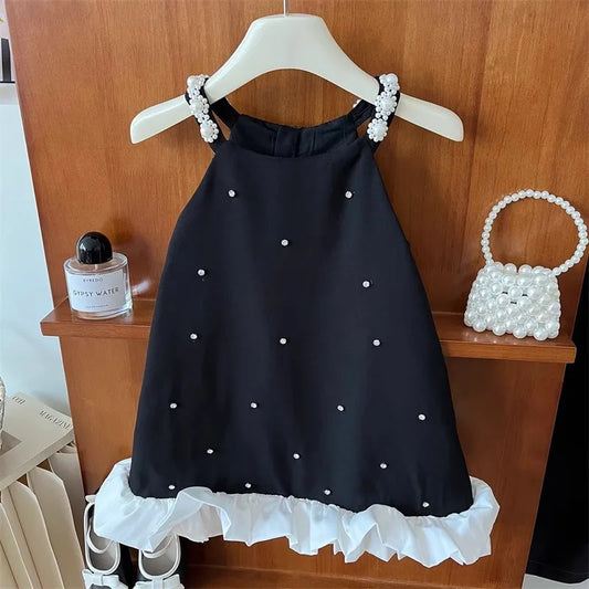 Vestido Pérola Preta de Verão para Meninas – Vestido charmoso sem mangas em linha A com alças de miçangas e barra com babados, moda infantil elegante