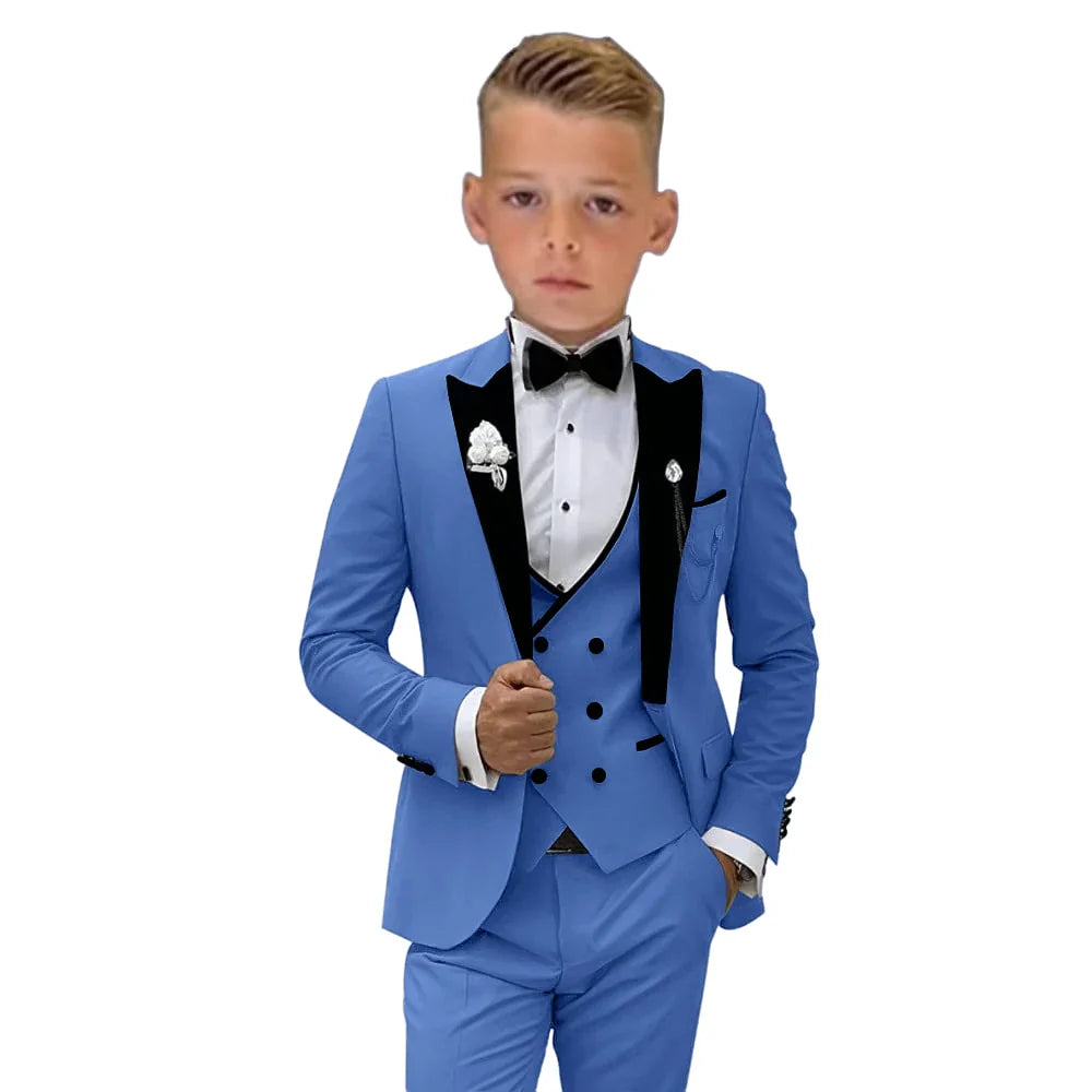 Slim Fit Formal Tuxedo Suit Chidren Graduation Suit Set for Boys, Velvet Peak Lapel Jacket Vest Pants Bow-tie 4-Piece Set