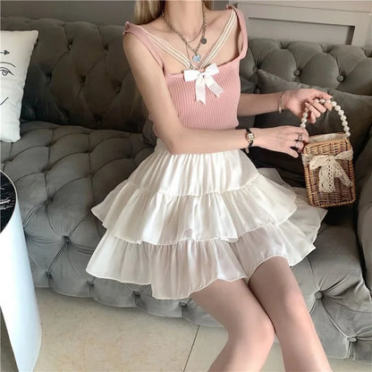 Girls White Puffy A-Line Mini Skirt Spring Summer Fresh Sweet Style Polyester Fabric Short Half-Length Baked Cake Skirt