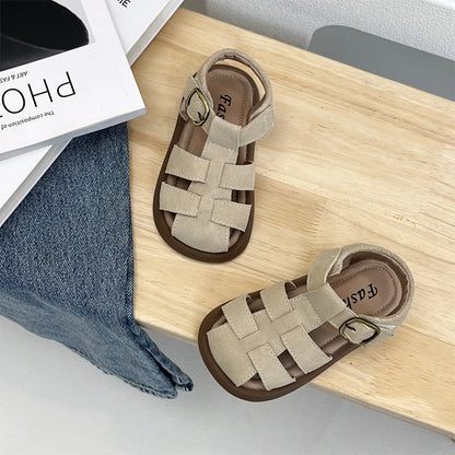 Children Roman Sandals Kids Hollow-out Toes Capped Sandals Fashion Kids Summer Beach Shoes Soft Bottom Anti-slippery Size 21-31
