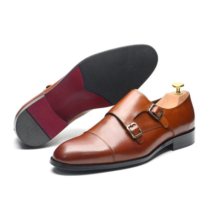 Luxury Men's Wedding Formal Shoes Genuine Leather Pure Brown Black Double Buckle Monk Strap Cap Toe Business Office Dress Shoes