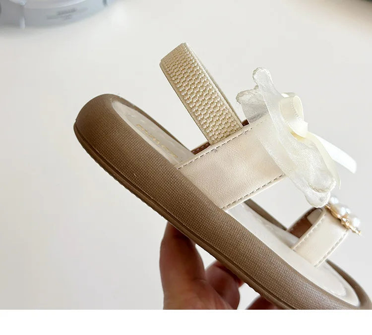 Brand Designer Ribbons Sandals for Girls Beaded Flip Flop Evening Party Dress Shoes Tulle Bow-tie Child Shoes Girl Sandal I06034