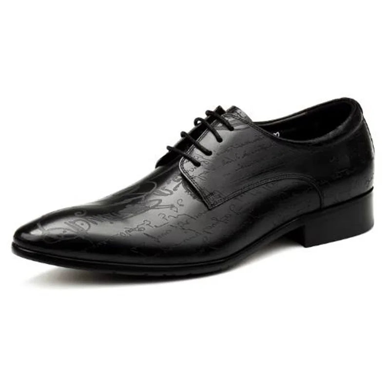Stylish Letter-printed Men's Business Leather Shoes Korea Style Wedding Derby Shoes Lace-up Pointed Toe Dress Shoes Man Wine-red