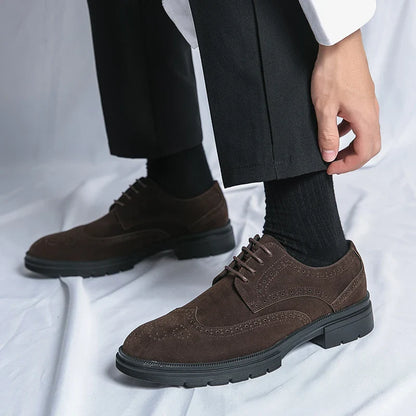 Leather Brock carved business dress shoes for men round head lace-up casual shoes
