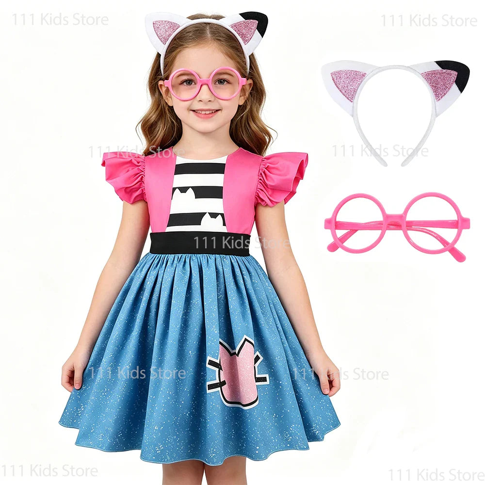 Fly-sleeve Cat Striped Princess Dress Girls Summer Dresses Gabbys Dollhouse Cosplay Costume Carnival Outfits Kids Birthday Gift