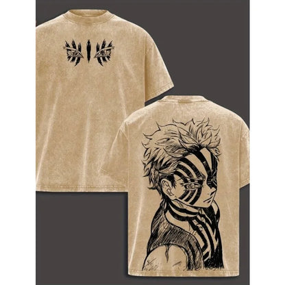 Washed Cotton Men's T-shirt, Anime Retro Anime Fan Exclusive Gift, Manga Enthusiast Men's Top, Street Anime Black T-shirt