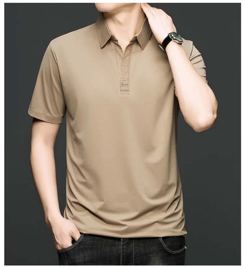 Fashion V-neck short sleeve T-shirt men's summer solid color silky smooth breathable personalized jacquard buttonless polo shirt