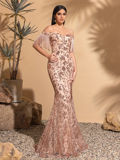 Off-the-shoulder sequined tassel sleeve slit dress