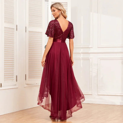 Vestido de Gala Elegante Feminino com Decote em V, Babados, Manga Curta, Evasê, Gaze Fofa e Bainha Irregular