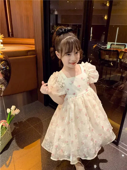 Summer Girls 1-8 Years Floral Roses Princess Dress Lace Tiered Bow Back Pearl Accented Knee-Length Party Birthday Celebration