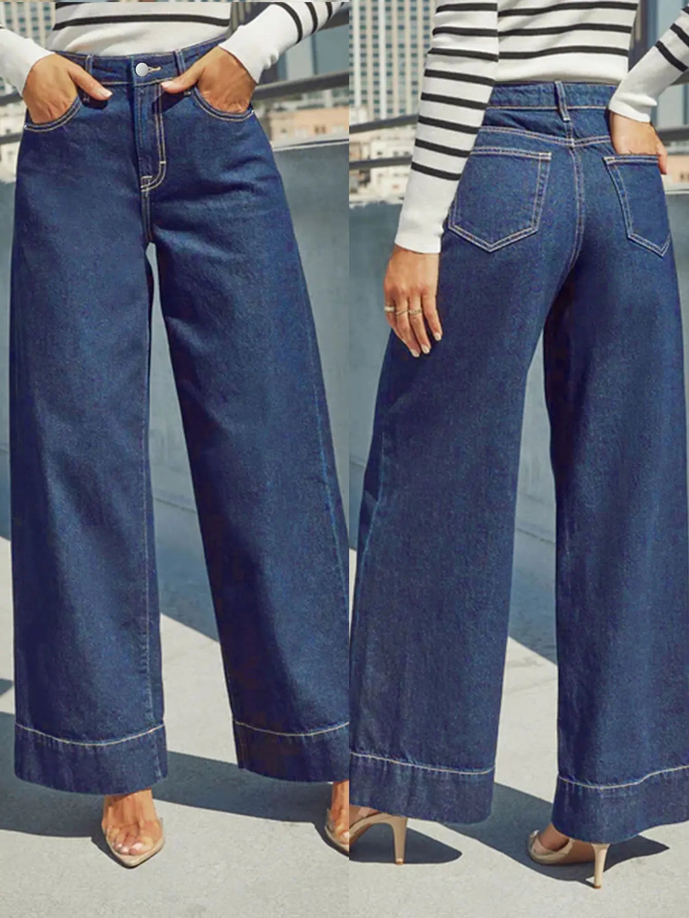 Women's High Waist Wide Leg Jeans - Classic dark blue washed stretch jeans