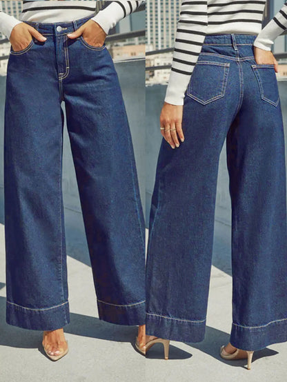 Women's High Waist Wide Leg Jeans - Classic dark blue washed stretch jeans
