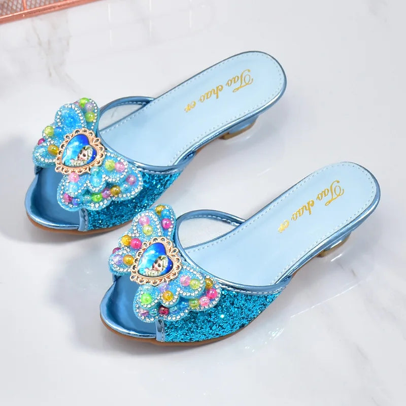 Girls High Heels Shoe Slippers Children Slippers Bow A Word Drag Sandals Soft Bottom Kids Party Wedding Performance Princes Shoe