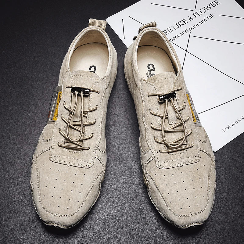 Men Lightweight Sneakers Non-slip Sole Stitch Genuine Solid Leather Shoes Outdoor Casual Walking Driving Flats Shoes