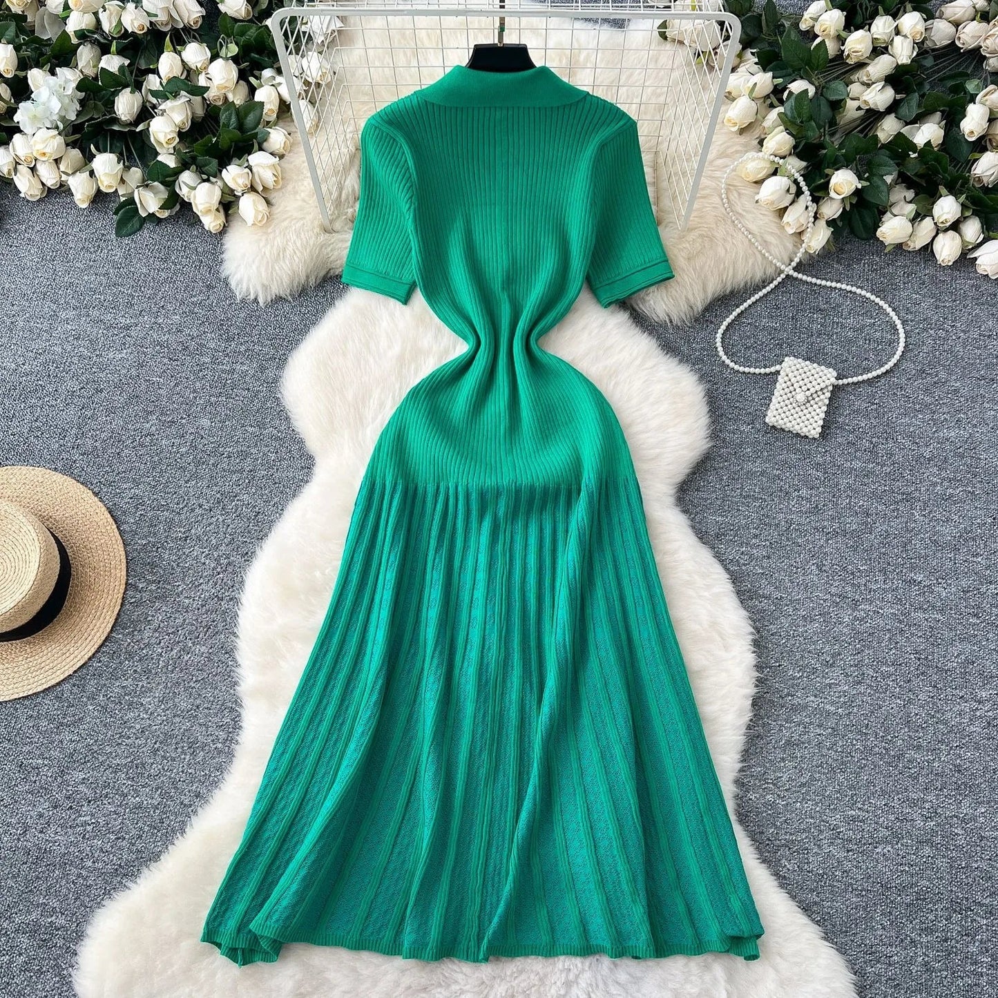 Fashion Elegant Patchwork Knitted Maxi Dress 2025 Summer Lady Turn-down Collar Shirt Sweater Dress Party Vestidos