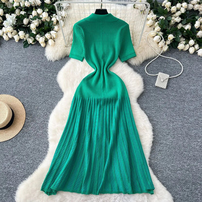 Fashion Elegant Patchwork Knitted Maxi Dress 2025 Summer Lady Turn-down Collar Shirt Sweater Dress Party Vestidos