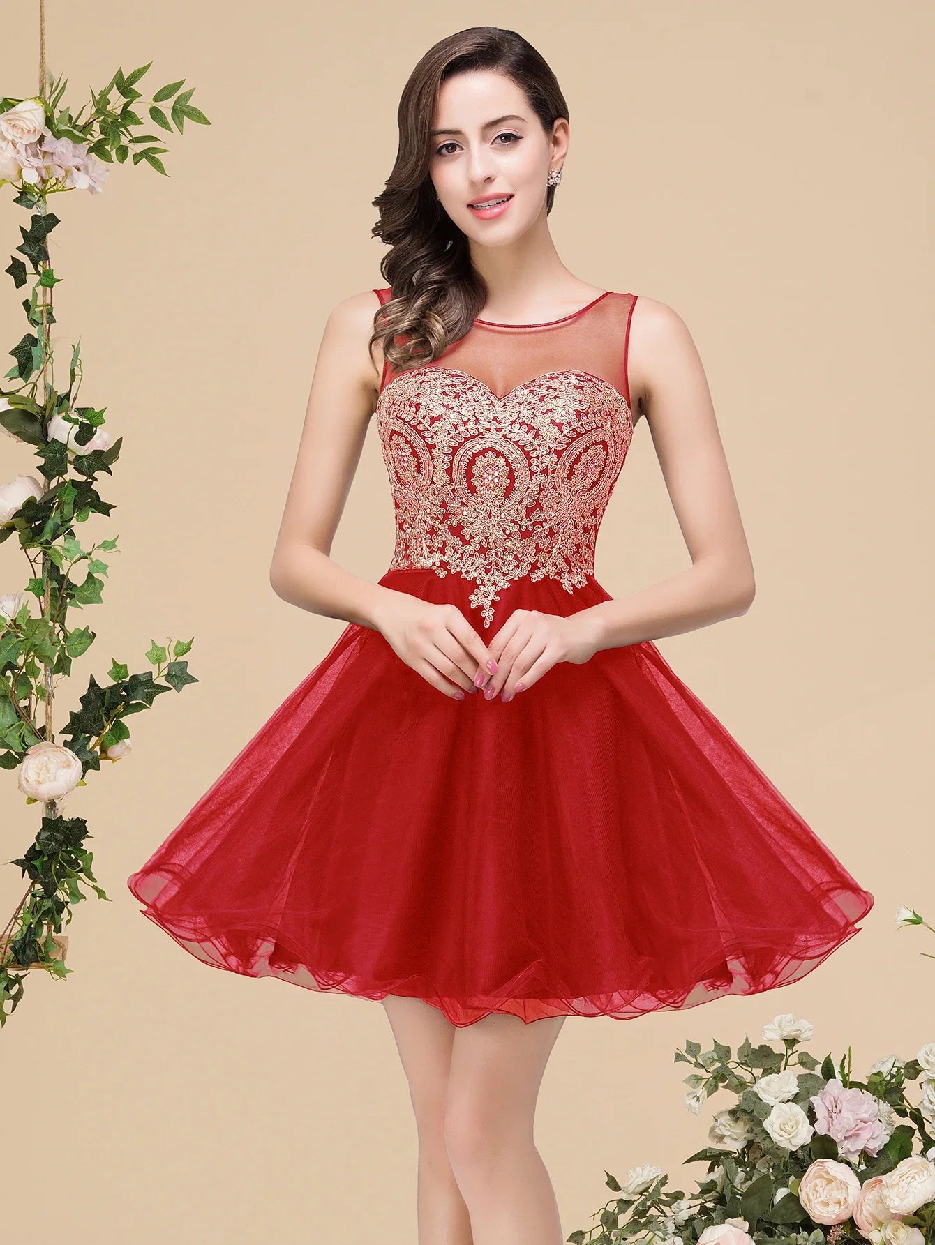 Vestidos Curtos Roxo de Baile com Apliques Dourados, Decote Ilusão A-Line, Mini Vestidos de Festa da Moda para Mulheres, Robe De Soirée
