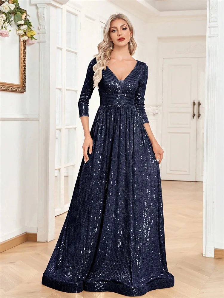 Luxury V Neck Long Sleeves Navy Blue Sequins Formal Evening Dresses Women 2025 Wedding Party Prom Maxi Cocktail Dress Gowns