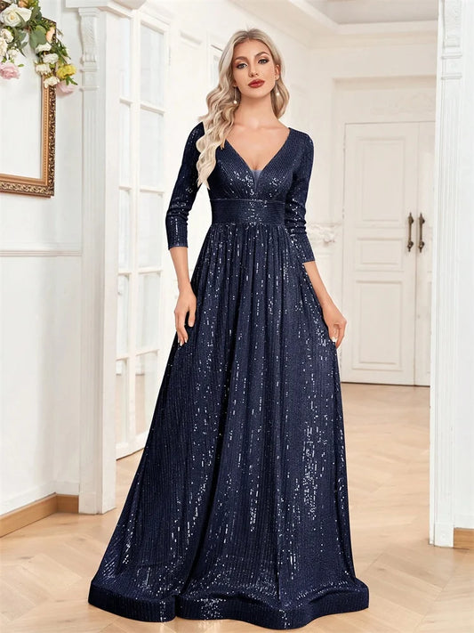 Luxury V Neck Long Sleeves Navy Blue Sequins Formal Evening Dresses Women 2025 Wedding Party Prom Maxi Cocktail Dress Gowns