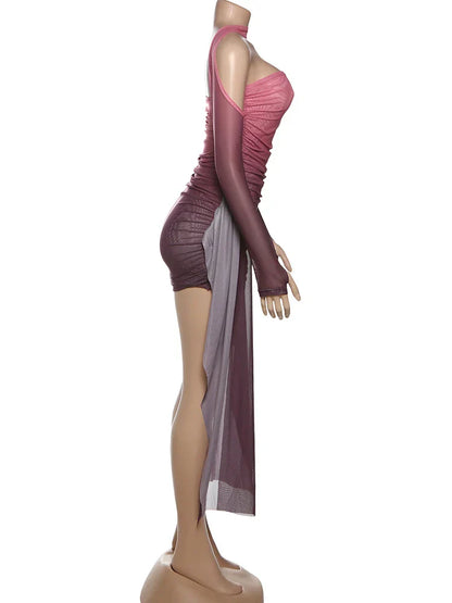 Mesh Simple Women Mini Dress Fashion Solid Strapless Ribbons Tassel Body-shaping Vestidos+Seperately Full Sleeve Gloves