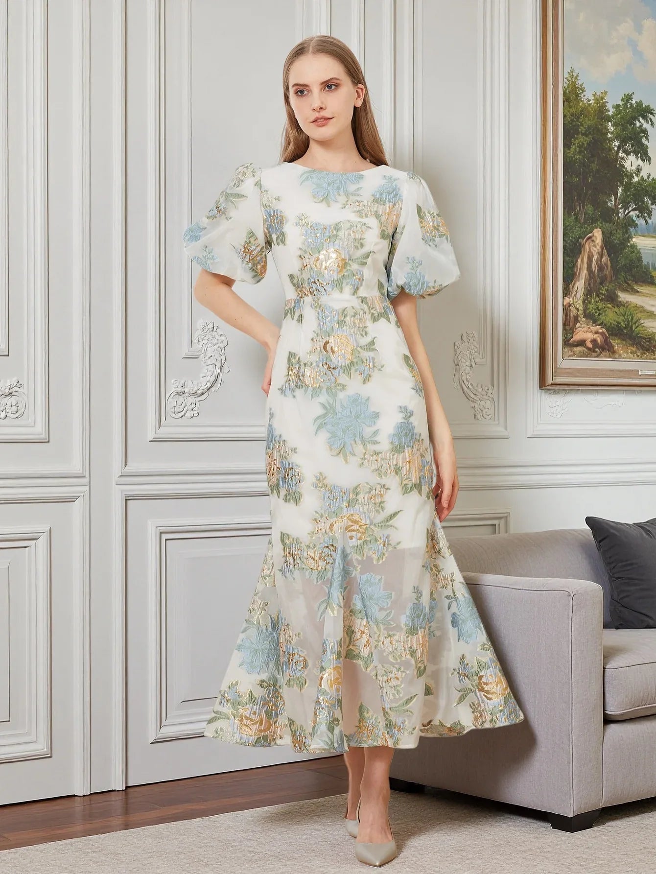 Elegant Floral Organza Fishtail Long Dress Maxi Luxury Mermaid Evening Dresses Puff Sleeve Fashion Slim Bodycon Party Club Dress